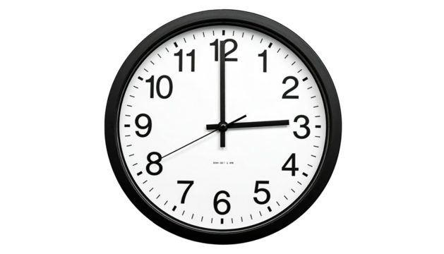 Round wall clock with black frame, showing three o'clock