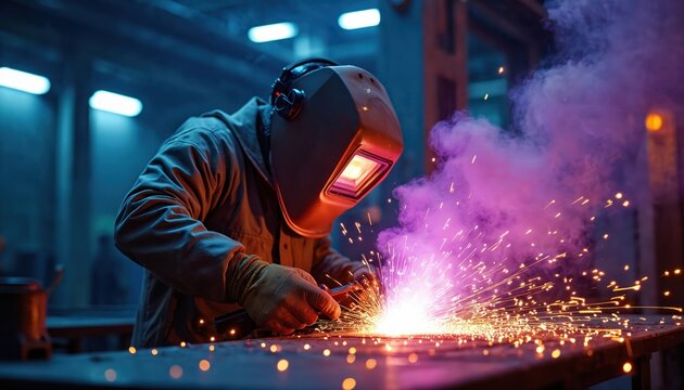 Welder welds metal with sparks in industrial workshop. Man uses protective mask and gloves. Factory worker welds steel with modern machine. Occupation at manufacture with safety measures.