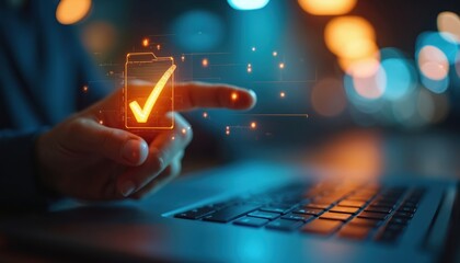Index finger points to illuminated checkmark icon hovering above laptop. Digital data streams around finger and file. Tech concept of validation confirmation process.