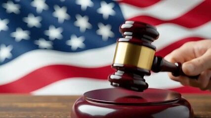 Hand hitting a wooden court gavel against waving American flag in the background - Powered by Adobe