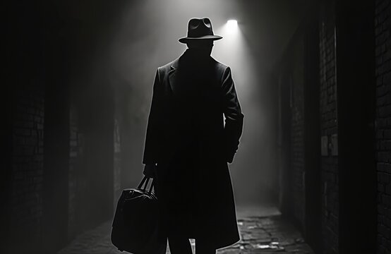 Man in trench coat and fedora walks down dark alleyway carrying briefcase. Dramatic noir lighting suggests mystery and intrigue. Figure is silhouetted against a light source.