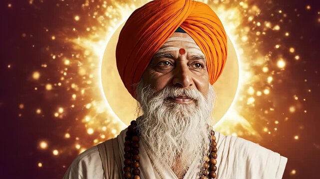 A serene portrait of guru nanak dev ji, the revered founder of sikhism, bathed in the warm glow of spiritual enlightenment guru nanak jayanti