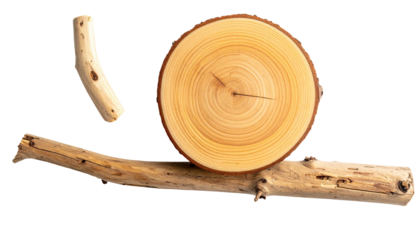 Cut log section, twig, & small branch, all natural wood, isolated