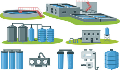 Water treatment plant illustration, wastewater purification system diagram, clean water filtration process, industrial facility design, environmental engineering concept art