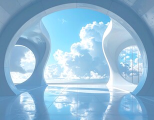 Futuristic white interior with arched openings framing a cloudy sky