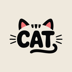 Cute Christmas typography badge with cat ears and whiskers integrated into the text in flat minimalist style