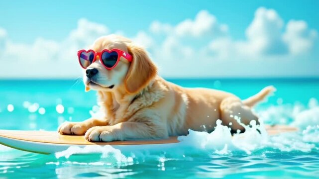 Cute puppy in red sunglasses relaxing on a surfboard gliding in the ocean with crashing waves in summer day