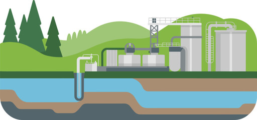 Flat minimalist illustration of water treatment plant and underground pipeline system, clean environmental technology design, eco friendly purification process
