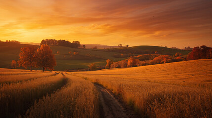 Rural Dawn Golden Wheat Fields Solitary Tree Layered Hills - Beautiful Agricultural Landscape Sunrise