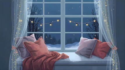 窓際の居心地の良いクリスマスベンチ