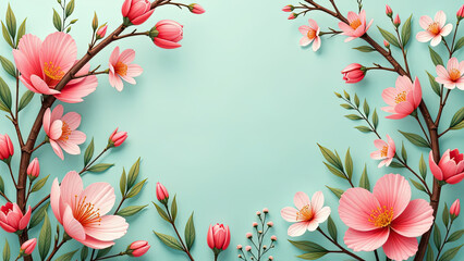 Elegant floral background with pink blossoms and green leaves on turquoise backdrop. Wedding invitations, greeting cards, packaging, spring design, posters, and feminine branding projects.	