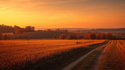 Golden Hour Countryside Rolling Fields Single Tree Sunrise - Tranquil Rural Landscape Nature Scene