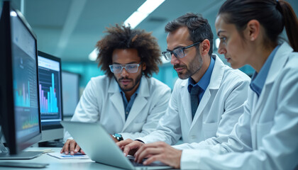 Three scientists in lab coats review data on laptop screens. Diverse team collaborates in modern lab. People analyze charts, graphs, statistics for medical research and development.