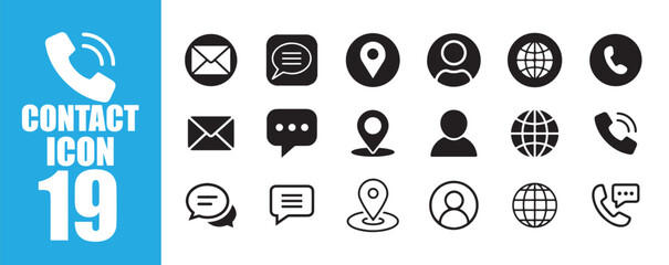 Black and White Communication and Contact Details Icon Set