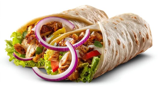 Two savory chicken wraps with lettuce, tomato, onion rings, and sauce