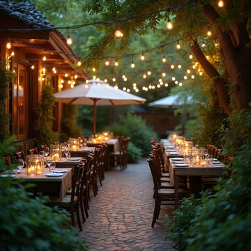Outdoor dining setup with tables, chairs, and string lights. Candles illuminate dining tables at dusk. Restaurant patio offers alfresco seating with green plants.