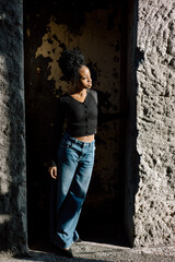 Beautiful black woman looking towards the light