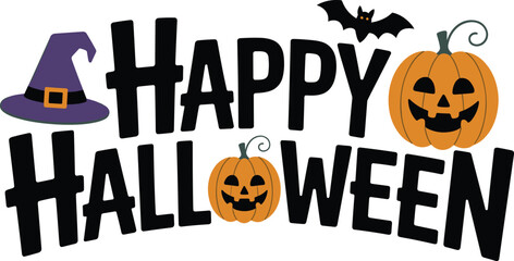 Happy Halloween text design with pumpkins, bat, and witch hat, festive spooky typography illustration, cheerful holiday greeting vector art