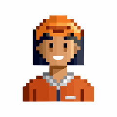 Naklejka premium Pixel art illustration of a smiling person with dark hair wearing an orange helmet.