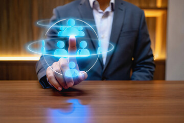 Professional businessman selects team members from digital network interface, showcasing modern human resources strategy and global connectivity.