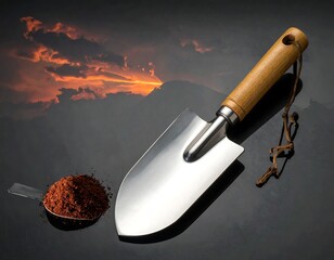Garden trowel with wooden handle and scoop of brown soil, dark backdrop
