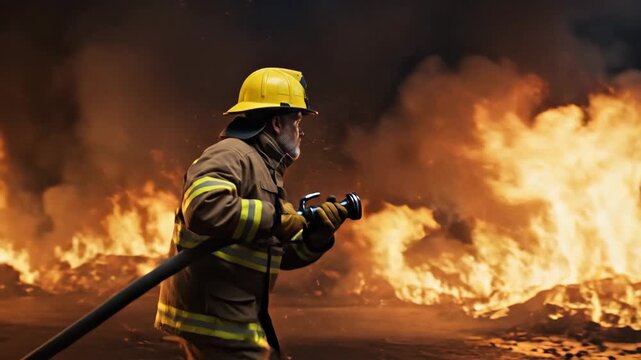 Male firefighter interacting with futuristic holographic interface, running through fire, and extinguishing blaze with water hose, video