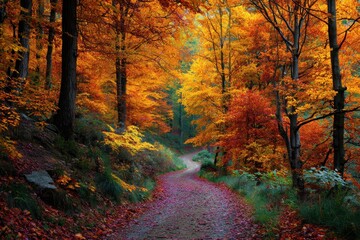 Obraz premium Vibrant autumn foliage creates a stunning natural pathway in a serene forest setting during the peak fall season
