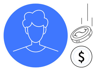 Profile avatar inside blue circle paired with falling coins symbolizing income, savings, or online payment. Ideal for finance, technology, user profile, apps, earning, banking startup concepts