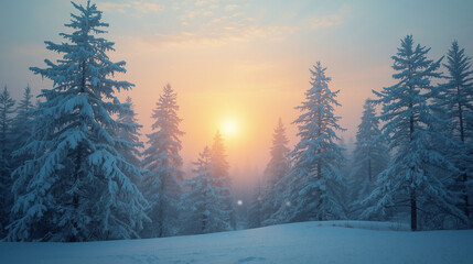 Frost-Covered Spruce Forest Warm Sunrise Glow - Tranquil Snowy Woodland Holiday Background