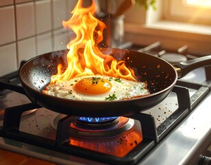 Fried egg erupts in flames on a stovetop burner, creating fiery spectacle