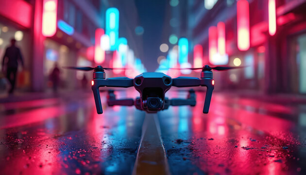 Drone flies down city street at night with neon lights. Aerial view of modern urban landscape with wet road. People walk on sidewalk. Drone camera captures vibrant cityscape with colorful billboards,