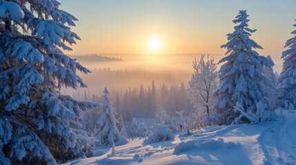 Snowy Pine Forest Sunrise Golden Light Morning Mist - Magical Winter Wonderland Christmas Landscape