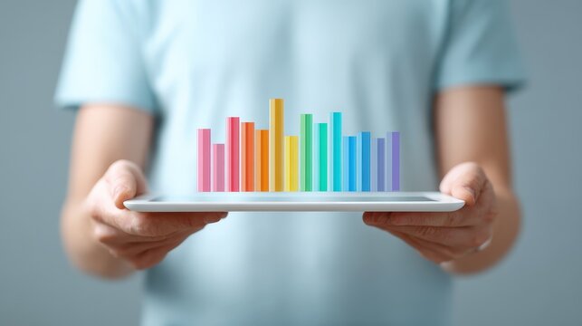 A person holds a tablet displaying colorful, 3D bar graphs, symbolizing data visualization and technology in a modern context.