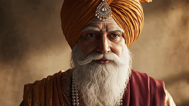 Portrait of guru nanak dev ji, the founder of sikhism, wearing a turban and a long white beard in a studio shot guru nanak jayanti