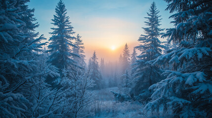 Snow-Covered Evergreen Trees Dawn Golden Sunrise - Serene Winter Forest Christmas Nature Scene