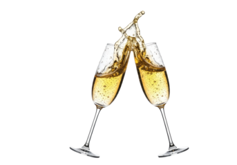 Two elegant crystal champagne flutes clinking, golden sparkling wine splashing with droplets and bubbles on a transparent background, generous copy space, no shadows, luxurious celebration concept
