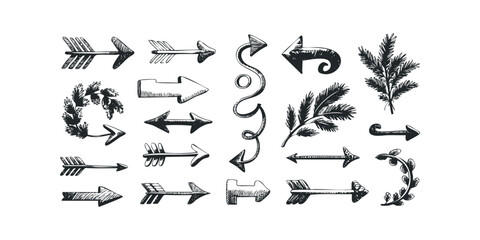Naklejka premium Collection of Hand Drawn Arrows and Leaf Sprigs