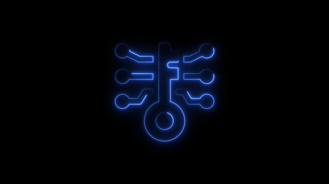 Blue neon digital key icon with circuits on black background security access