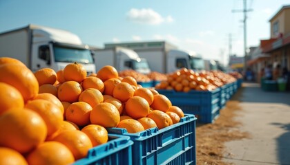 Oranges at market. Citrus fruit in blue crates. Delivery trucks on the background at the trading place. Roadside commerce with fresh products for sale. Food and agriculture business.
