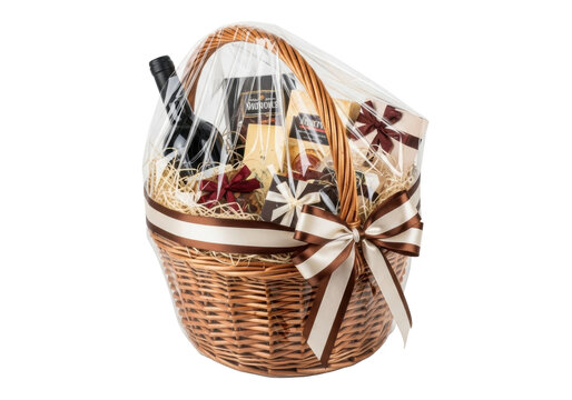 Woven wicker gift basket, full of gourmet wine, cheese, chocolates, gift boxes, wrapped in clear cellophane, brown satin ribbon bow, high-angle on white, luxurious gifting concept