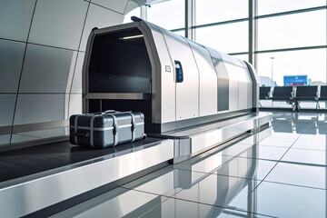 A suitcase passes through a baggage scanner at the airport.