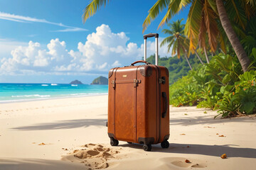 A suitcase on a tropical beach.