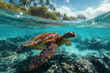 Fototapeta premium Green sea turtle gracefully swimming above coral reefs in a tropical paradise during a bright sunny day