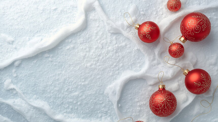 Elegant Red Christmas Balls on Snowy White Texture - Holiday Decoration Greeting Card Mockup Template