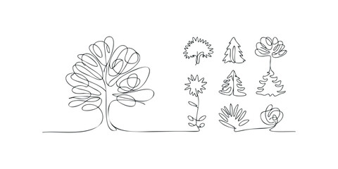 Continuous line drawing collection of various tree and plant forms