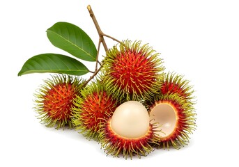 A cluster of whole and opened fresh rambutans with leaves on a stem.