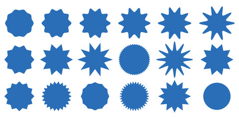 Vibrant blue starburst shapes and circle icon set arranged in a clean 3x6 matrix grid for modern graphic design and branding projects.