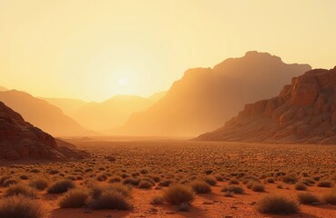 Naklejka premium Scenic desert landscape with mountains during sunset. Red sand plain with sparse vegetation. Arid rocky hills at golden hour. Warm light bathes the desert in orange hues.