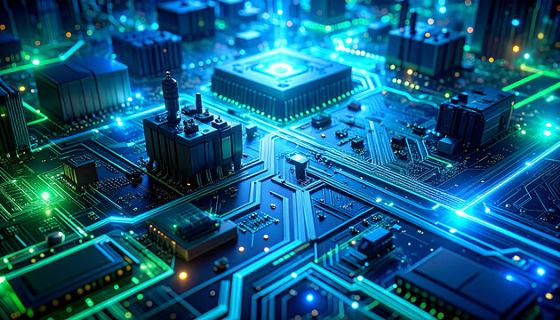 Stunning macro view of glowing futuristic circuit board pathways pulsing with vibrant blue and green digital energy