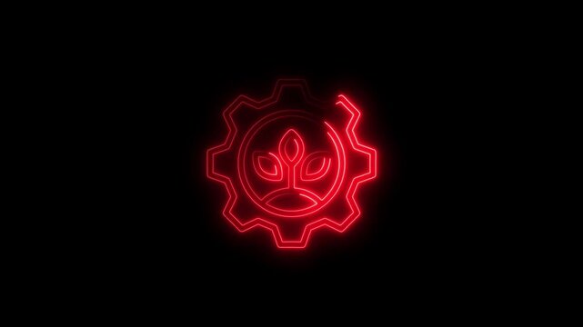 Red neon gear with plant sprout inside on black background cogwheel leaf